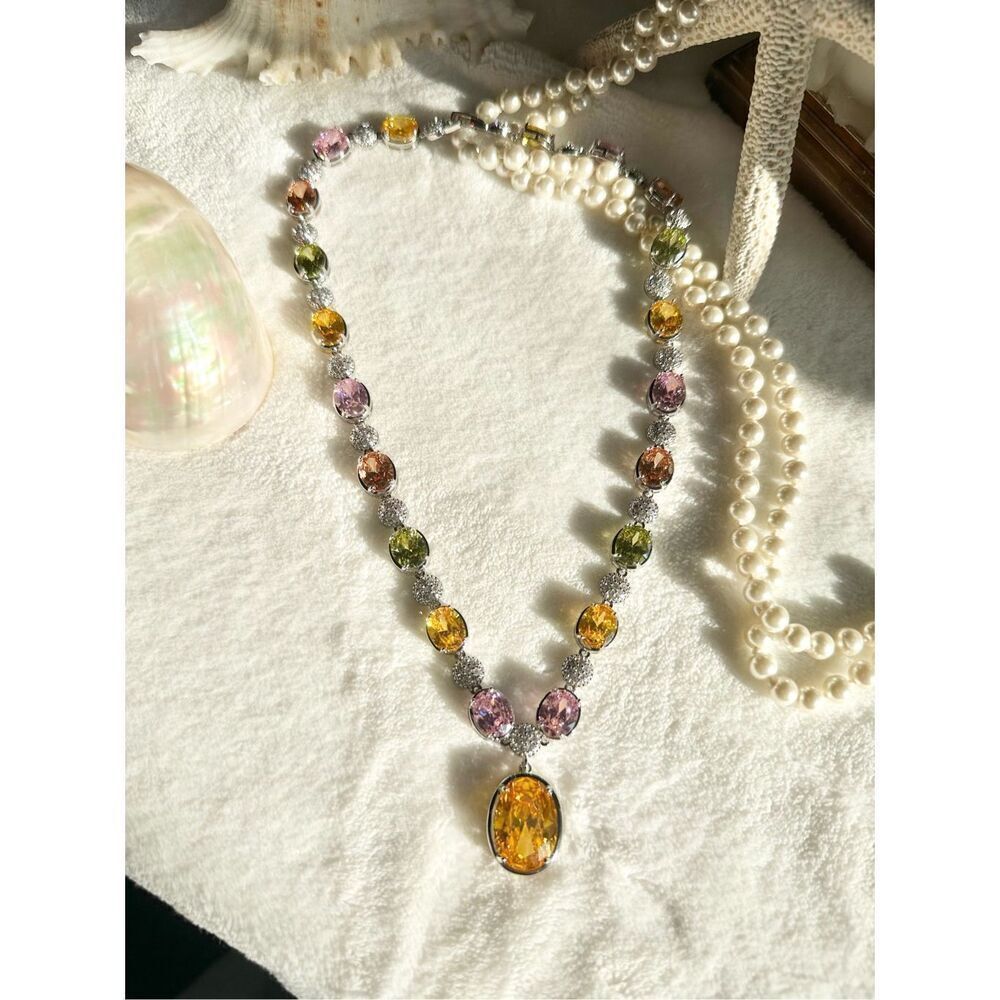 Gorgeous oval canary and multicolor cubic zirconia statement necklace  - Picture 7 of 12